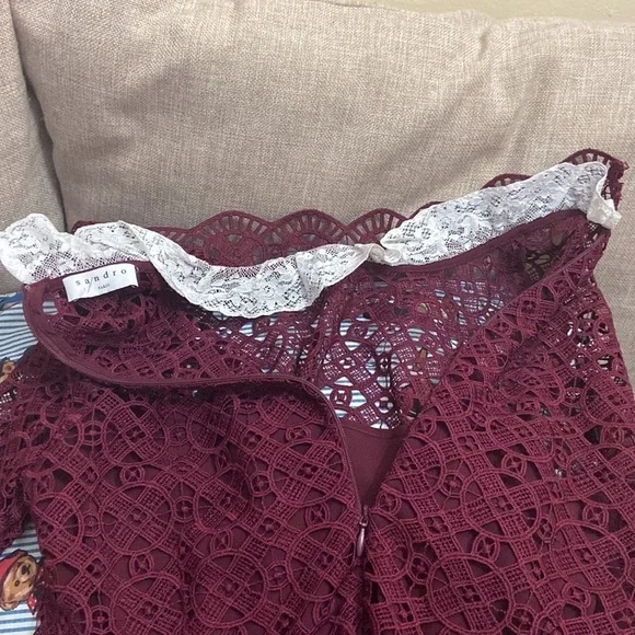 Sandro NWOT Helian Lace Long Sleeve Bordeaux Dress Size 38 - Picture 5 of 11